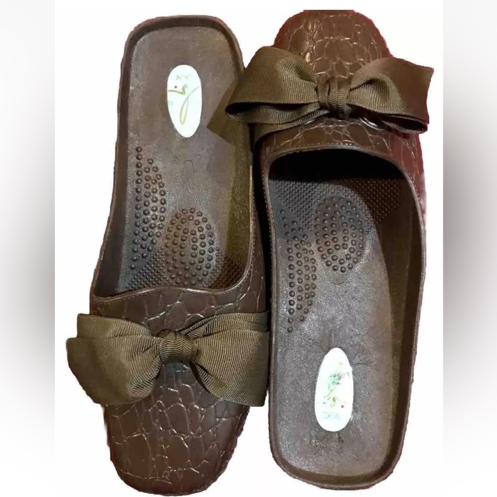 Okabashi Brown comfort Sandals 8/9 Snake Skin Print Ribbon BOW Square Toes  M/L